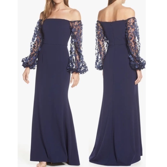 Eliza J Off the Shoulder 3D Floral Sleeve Scuba Crepe Blue Evening Dress Size 8 - Picture 1 of 9